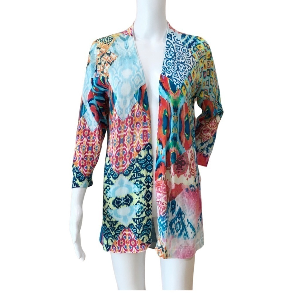 Chico’s open cardigan tight knit printed multicolor women size m - Picture 3 of 8